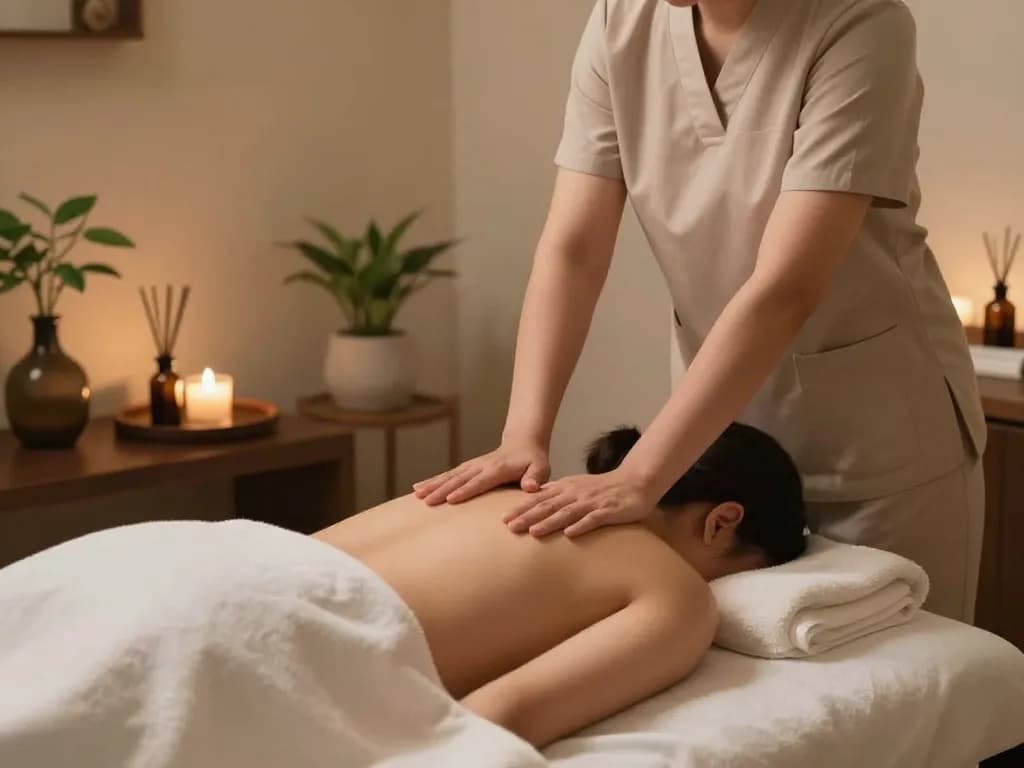 Massage therapist providing a soothing 마사지 treatment in a tranquil spa environment.