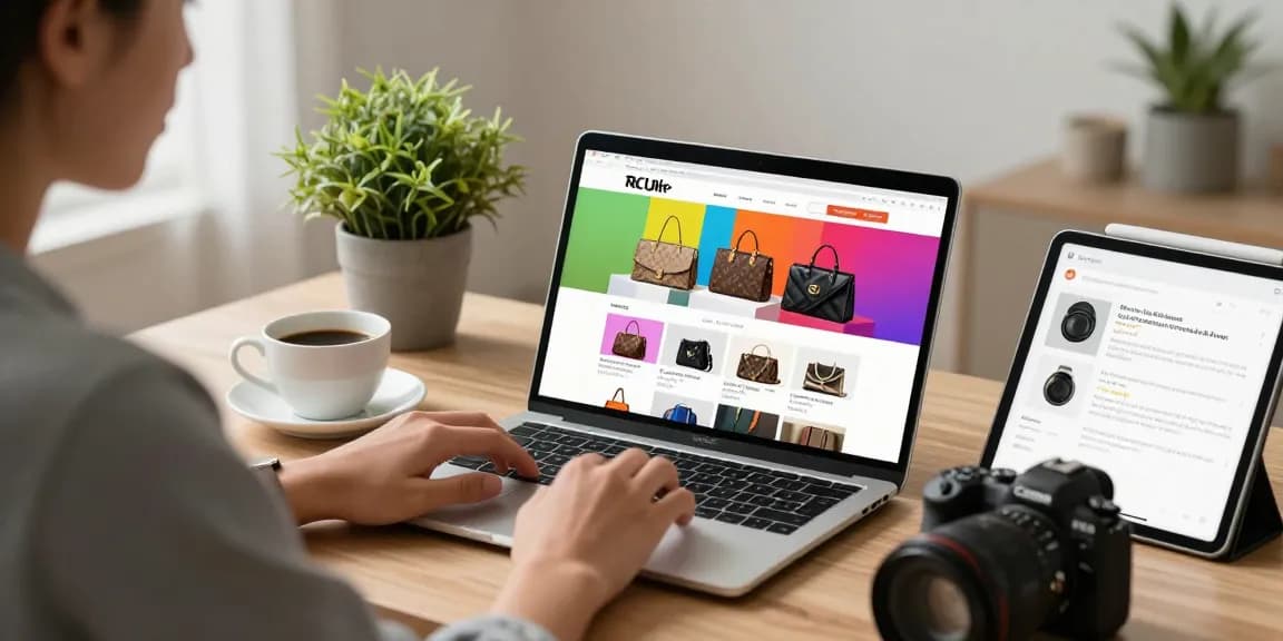 Browsing high-quality 레플리카 사이트 in a cozy home office setting with vibrant product images.