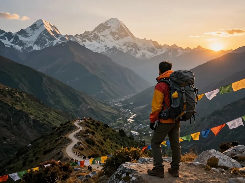 Trek to Annapurna Circuit at Thorong La Pass, traveler enjoying sunset views of majestic mountains and colorful prayer flags.