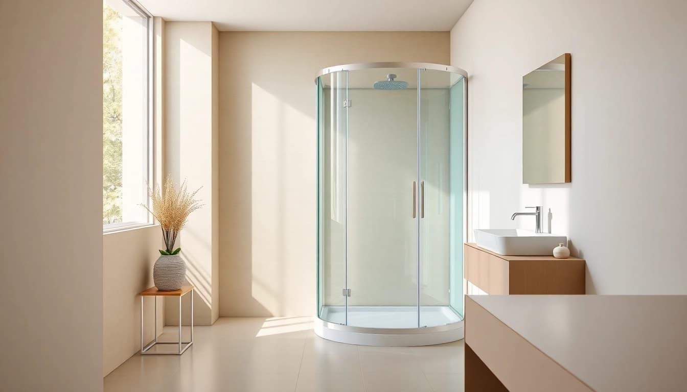 Admire the sirhona fr shower cabin complemented by a sleek LED mirror in a stylish bathroom.
