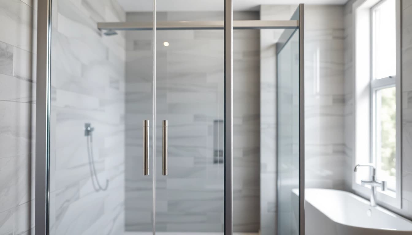 Sliding shower doors elegantly displayed in a modern bathroom, showcasing glass and minimalist design.