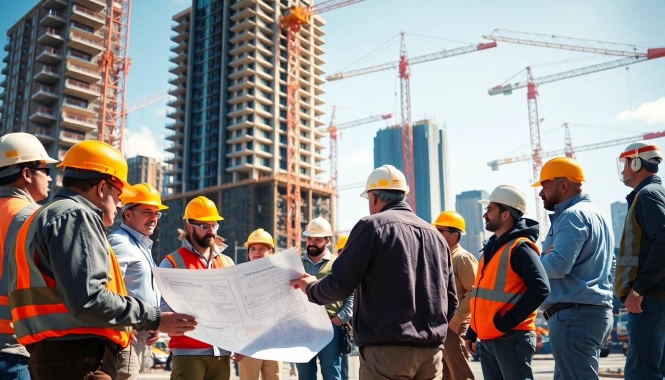New York Commercial General Contractor supervising a collaborative construction site with diverse professionals.