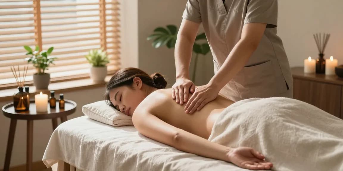 Peaceful 1인샵 massage scene promoting relaxation with serene decor and natural light.
