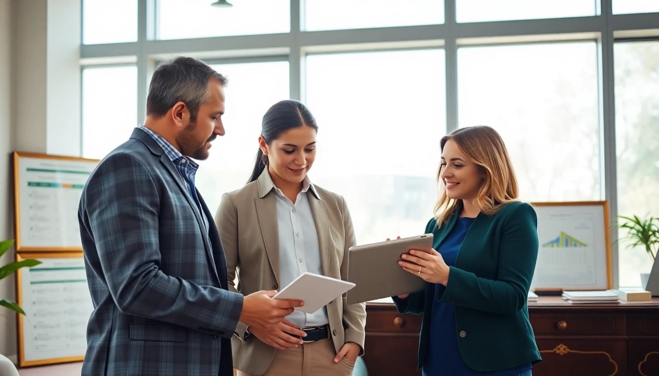 Discussing life insurance options with a couple in a professional office setting, enhancing their understanding.