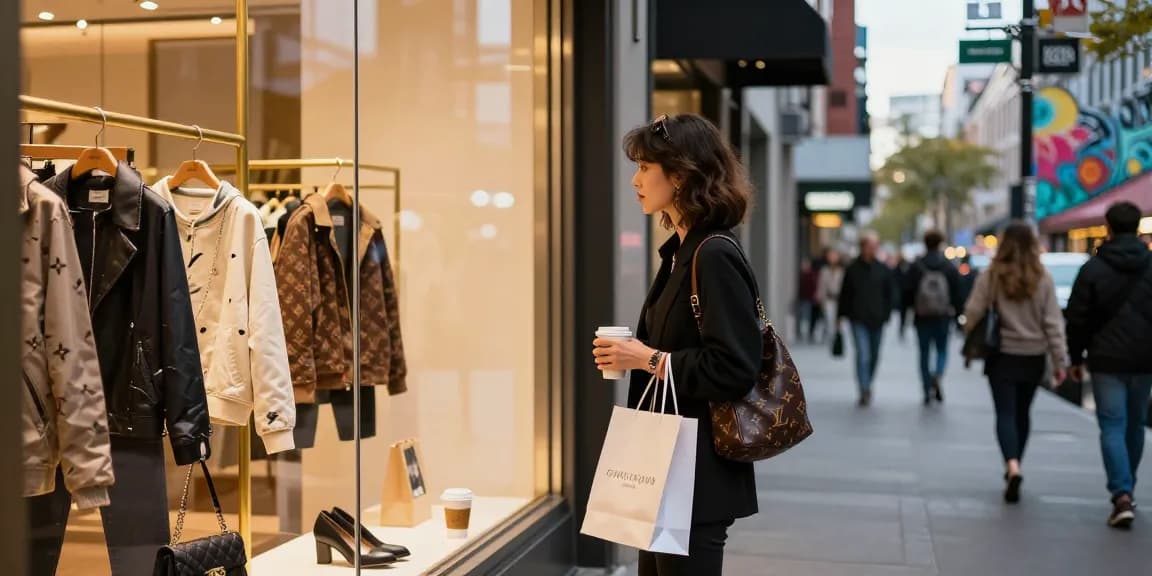 Shopper exploring stylish 레플리카 fashion in urban boutique setting, evening lights and vibrant atmosphere.