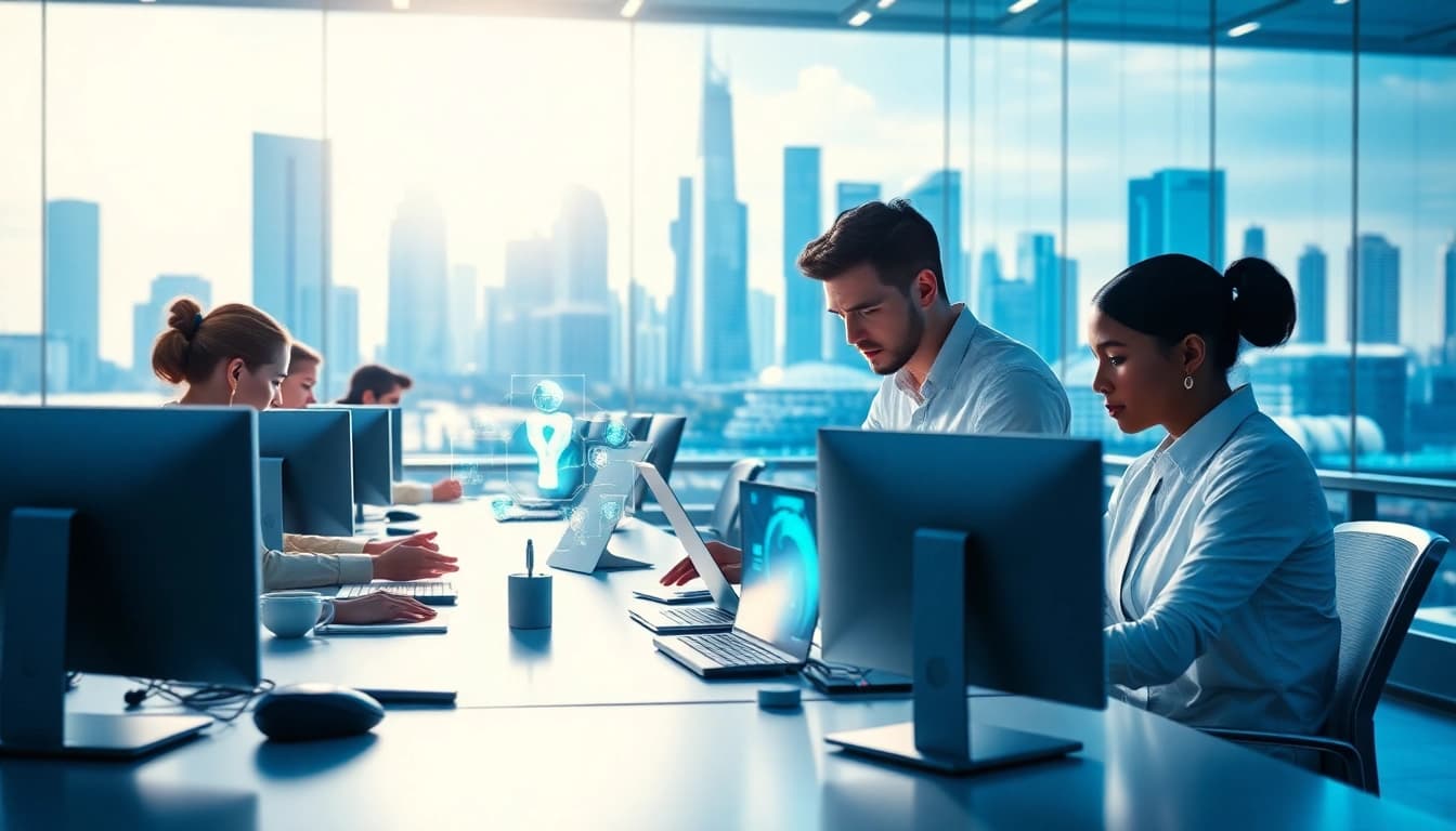 Explore technology in a high-tech workspace where a diverse team collaborates on innovative projects.