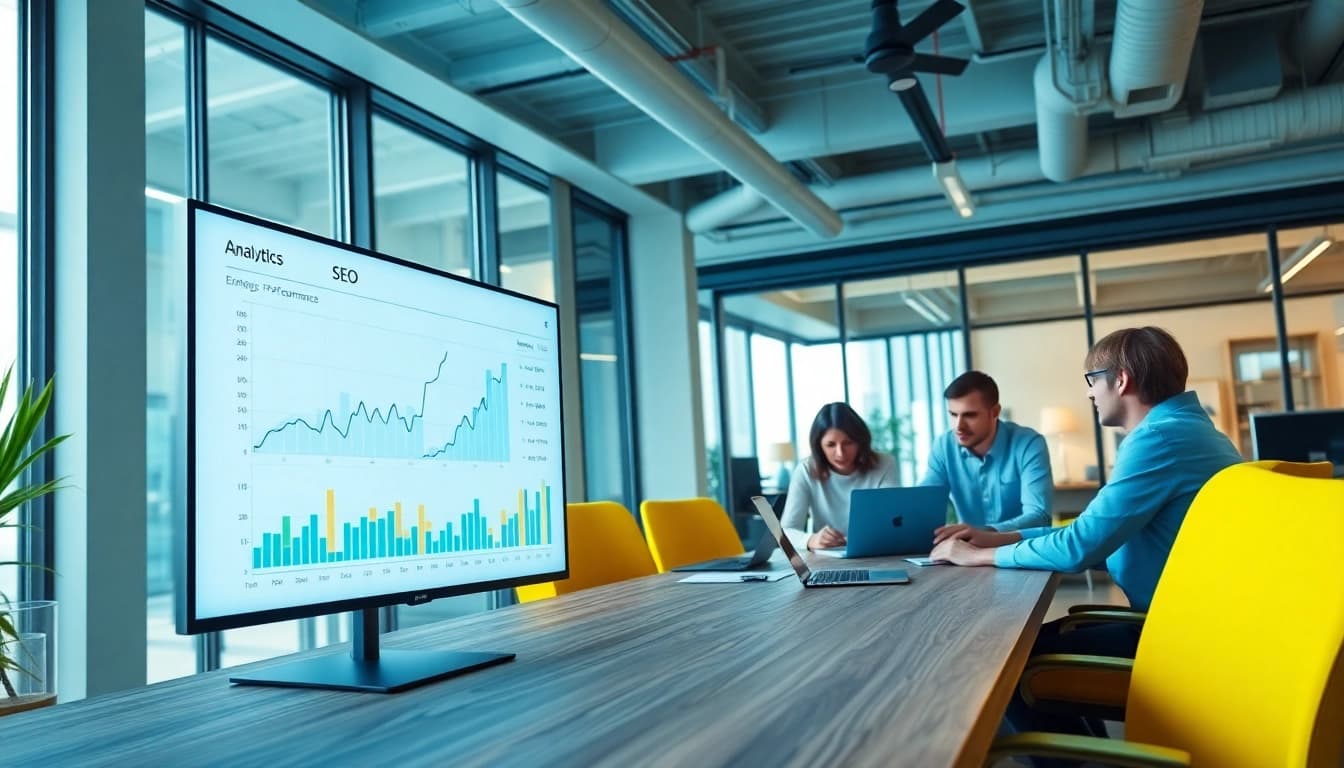 Analyze your SEO performance data with a professional team in a modern office setting.