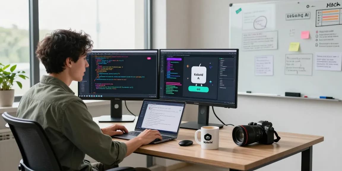 KoboldAI interactive workspace with developer coding and chatbot interface, showcasing modern tech environment.