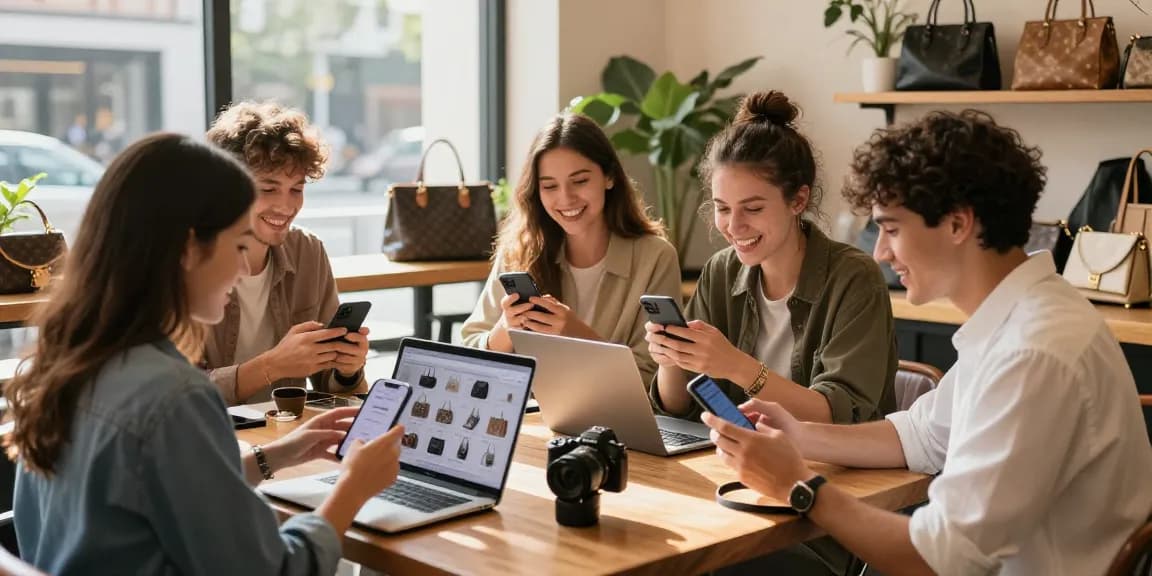 Young adults exploring a high-end 레플리카 쇼핑몰 on devices in a stylish cafe.