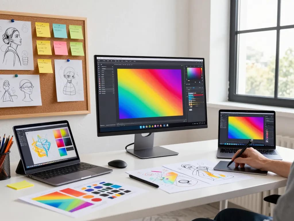 Artist utilizing nano banana pro AI image editor in vibrant creative workspace with design tools