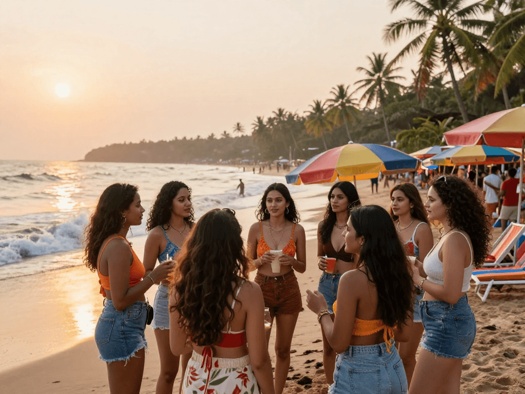 Goa call girls enjoying light-hearted conversation at a vibrant beach sunset.