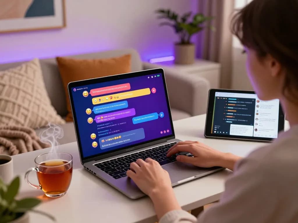 Engaging user in lively nsfw ai chat at cozy desk with ambient lighting.