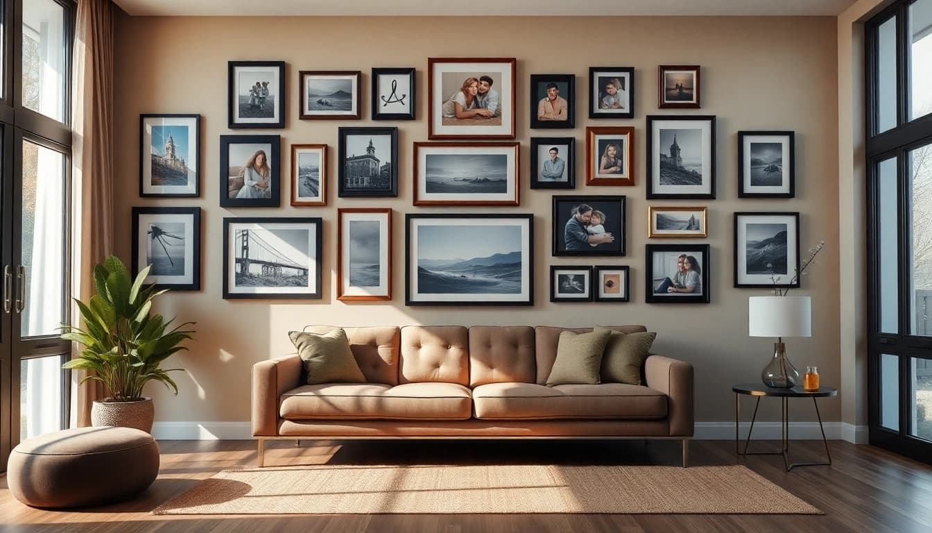 Picture hanging elegantly displayed in a modern living room wall, showcasing art and memories.