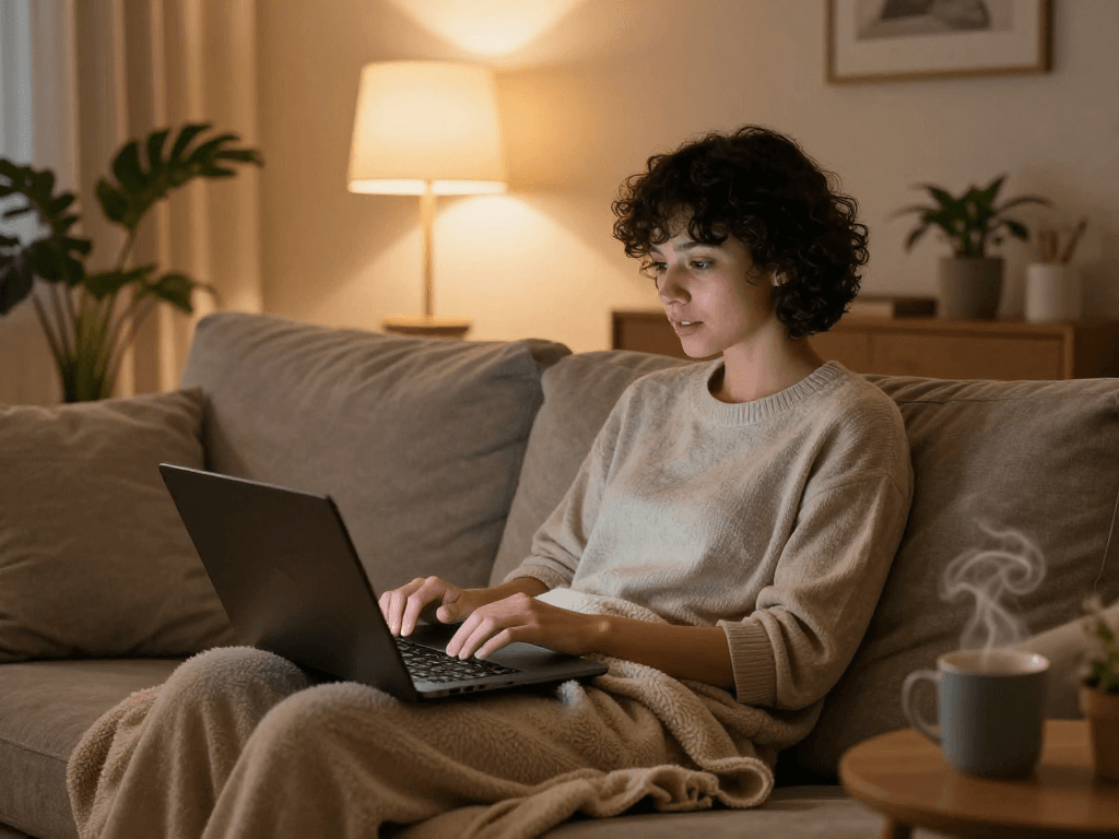 Engaging in sex AI chat on a laptop in a cozy living room.