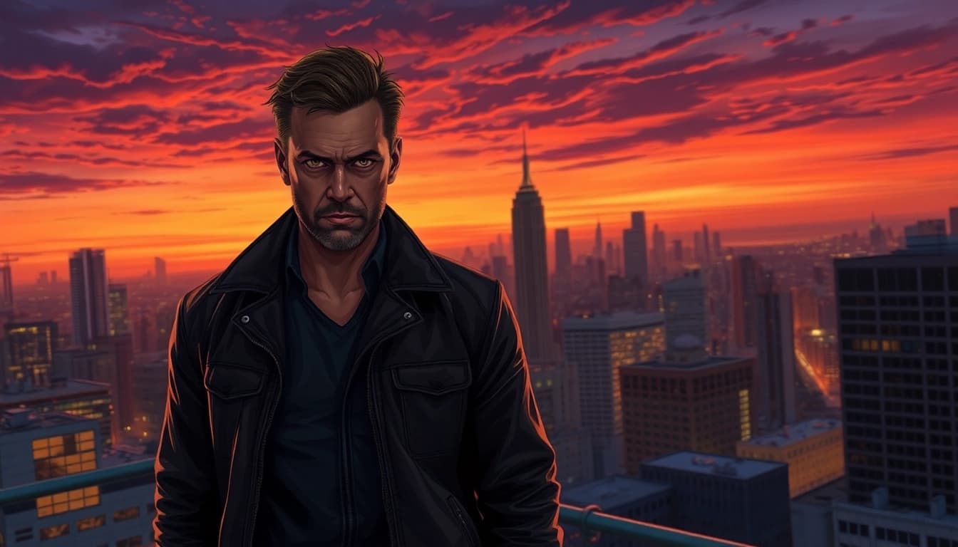 Heroic character on a city rooftop showcasing grit and determination, better than Reacher.