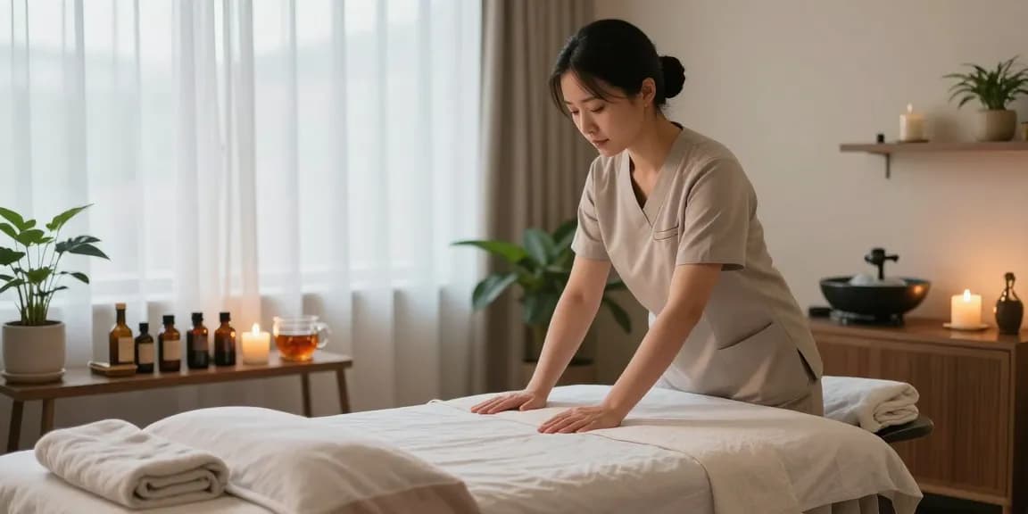 1인샵 massage therapy studio with calming elements and a professional therapist preparing a serene space.