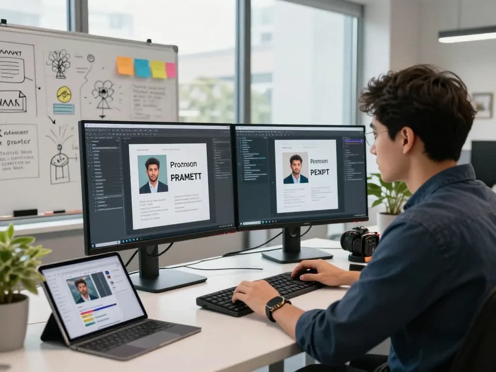 Generate image to prompt ai in a modern office with screens and creative tools.