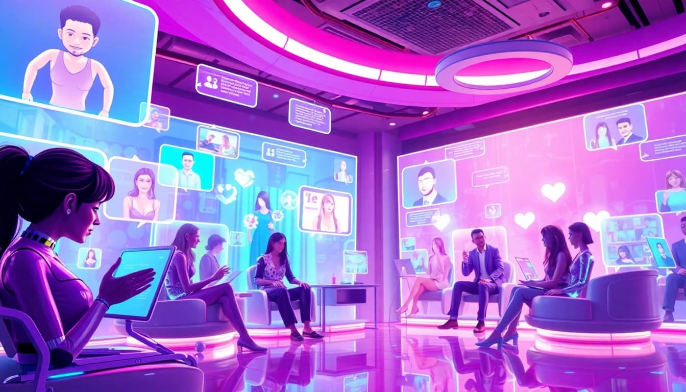 Engaging scene of AI characters in a virtual chat room, embodying the concept of sex chat ai.