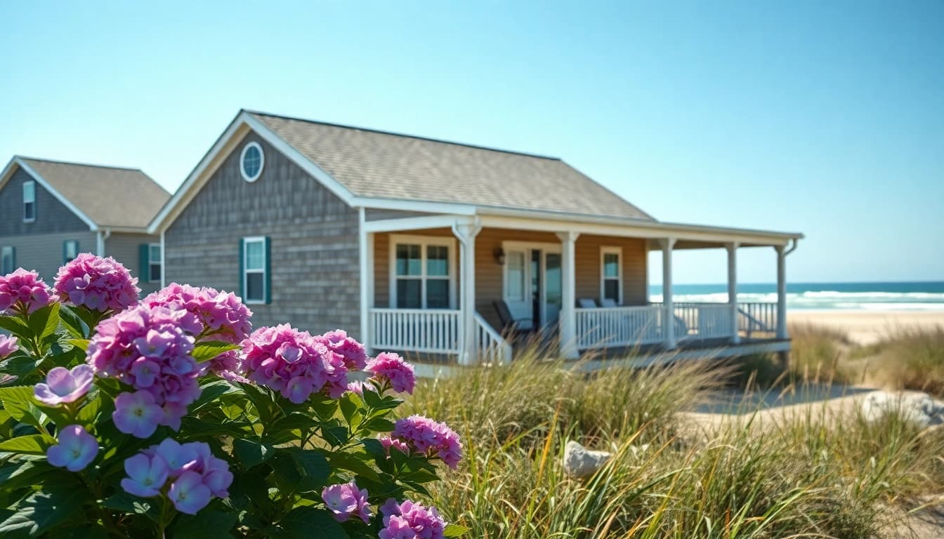 Cape Cod home showcasing tranquil seaside living with hydrangeas and beach in the background.