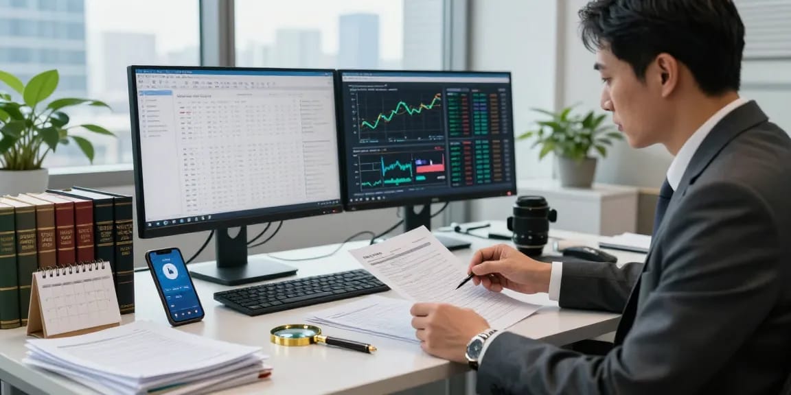 Asset tracing investigator examining financial documents in a modern law office.