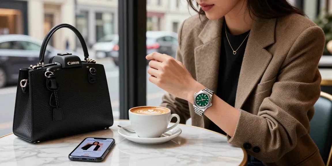 Examining a stylish rolex replica watch in an urban luxury café setting.