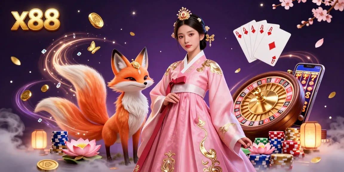 x88 casino illustration with a graceful woman and a lucky fox amidst golden coins and a spinning roulette wheel.