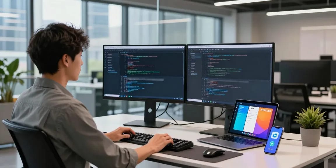 Developer coding on dual monitors displaying 纸飞机中文版 in a modern tech workspace.