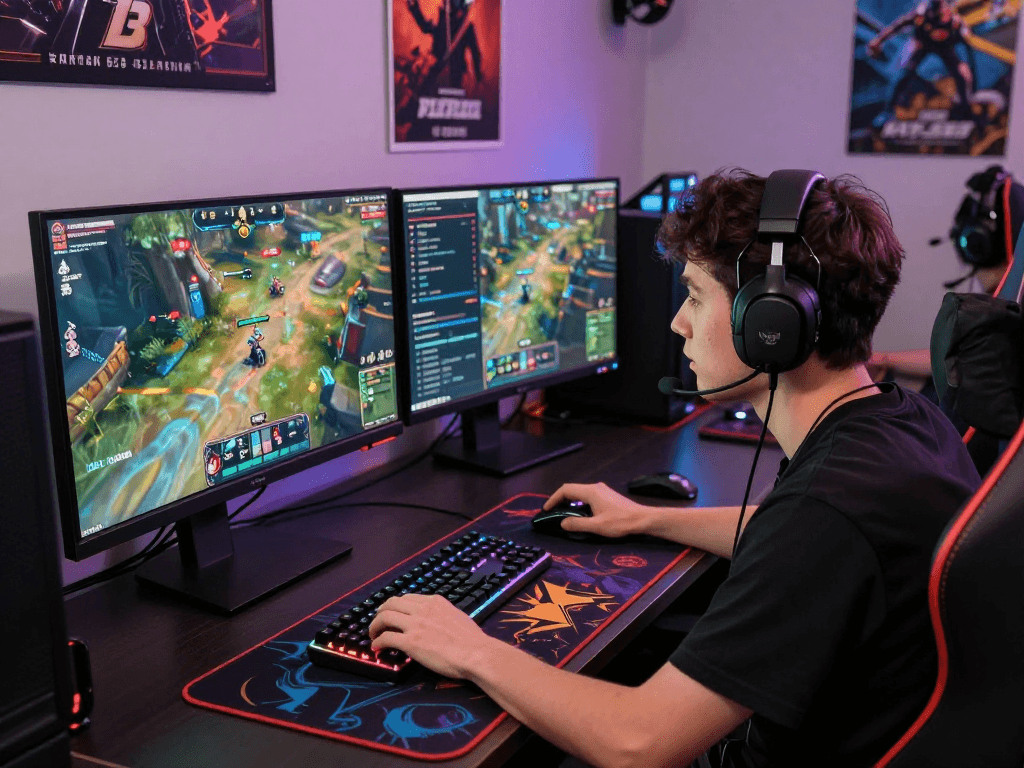 Gamer engaging in online competition with link alternatif raja328 on high-tech setup, showcasing multiple screens and gaming gear.