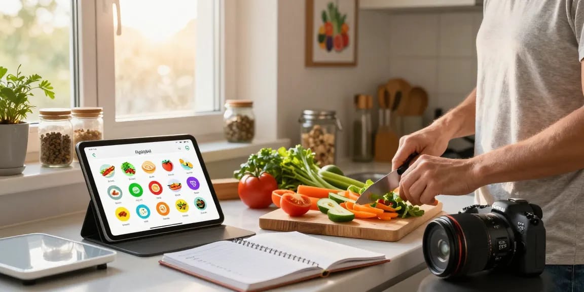 Preparing fresh salad in a sunny kitchen while using the best food tracking app for meal planning.