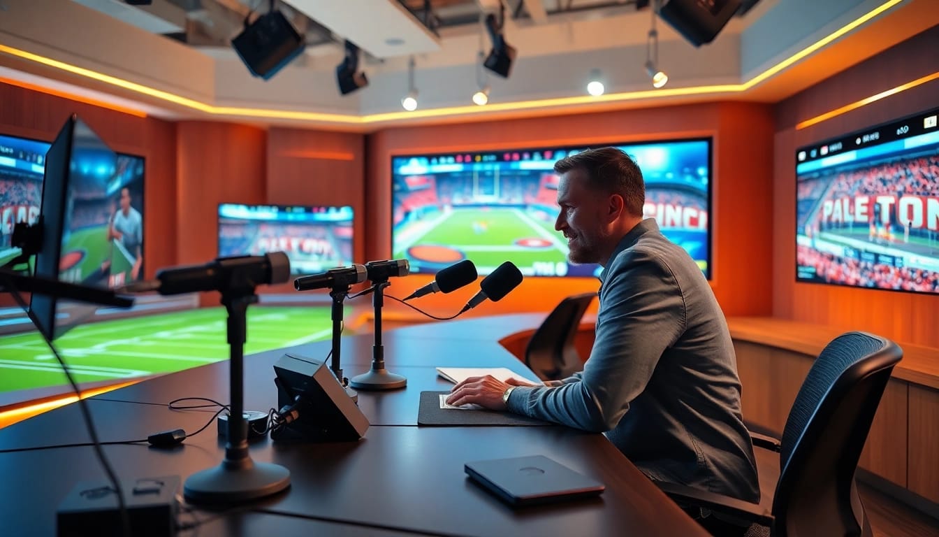 Engaging scene of sports broadcasting with a dynamic sportscaster in action.