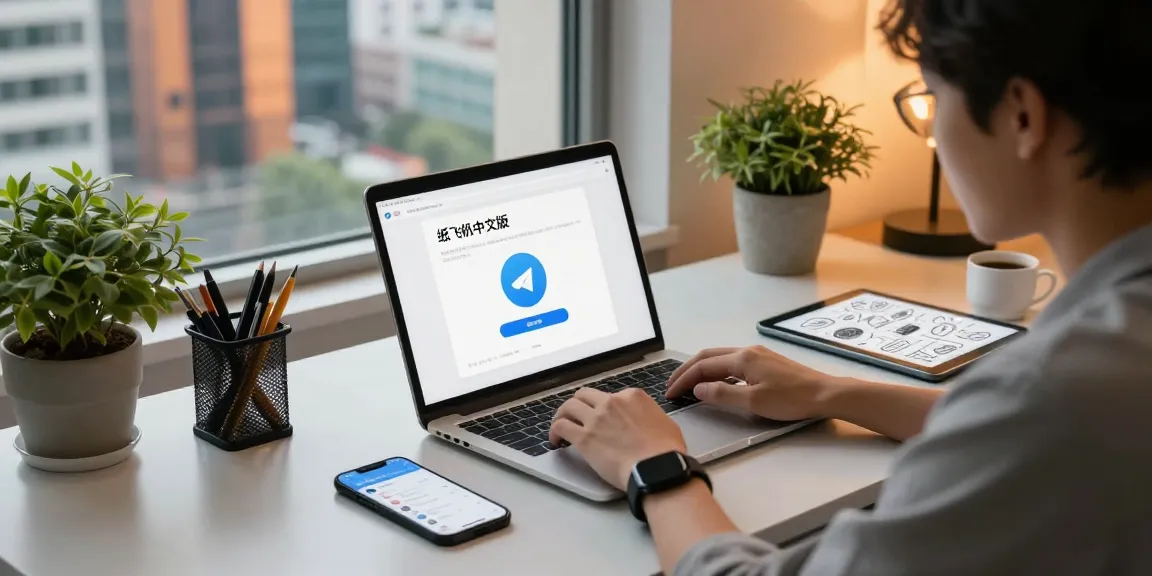 Engaged user utilizing 纸飞机中文版 on a modern tech workspace, highlighting productivity tools and city view.