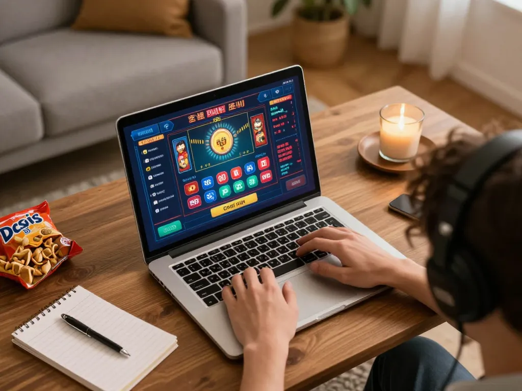 Engaged player exploring casinò stranieri che accettano italiani through online gaming on a laptop with warm ambient lighting.