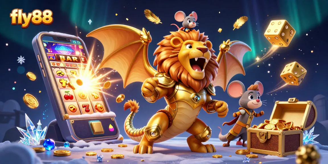Engage with fly88's vibrant casino fantasy featuring a triumphant chimera amidst jackpot thrills