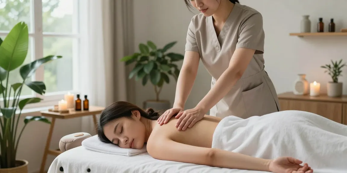 간석동출장안마 전문 마사지사가 편안한 홈 스파에서 고객에게 마사지를 제공하는 모습