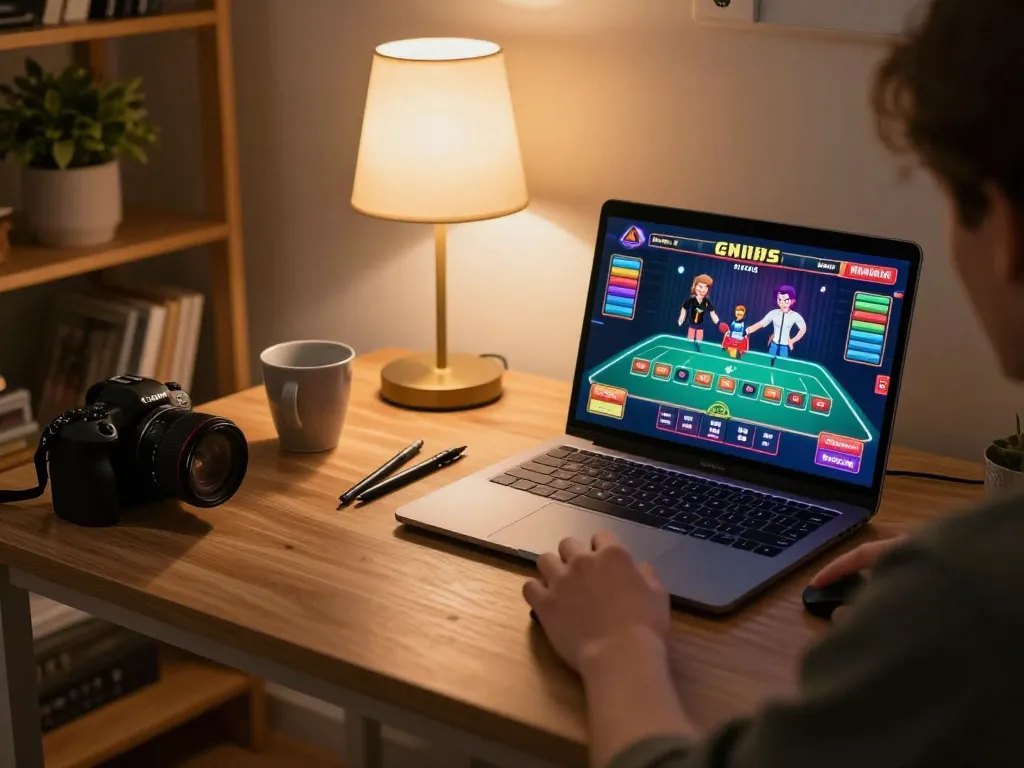 Kubet player engaging in live dealer game at home, showcasing strategic gaming environment.