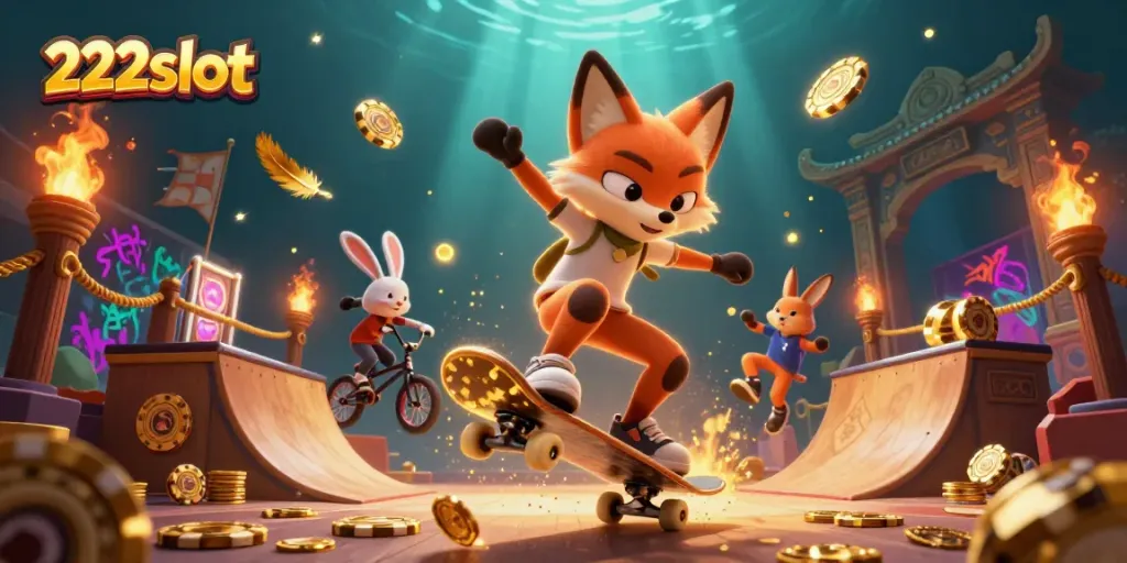 Gambar kasino yang menggambarkan aksi skateboard 222slot dengan karakter kartun dan elemen permainan terlibat.
