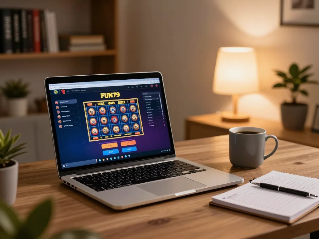 Experience FUN79 bet with a cozy online gaming setup featuring vibrant graphics and betting strategies.