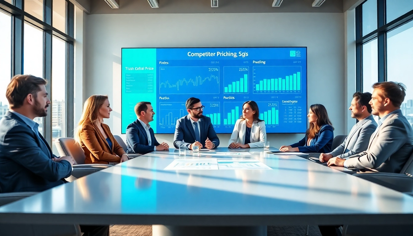 Analyze competitor pricing with a diverse team collaborating in a modern office setting.