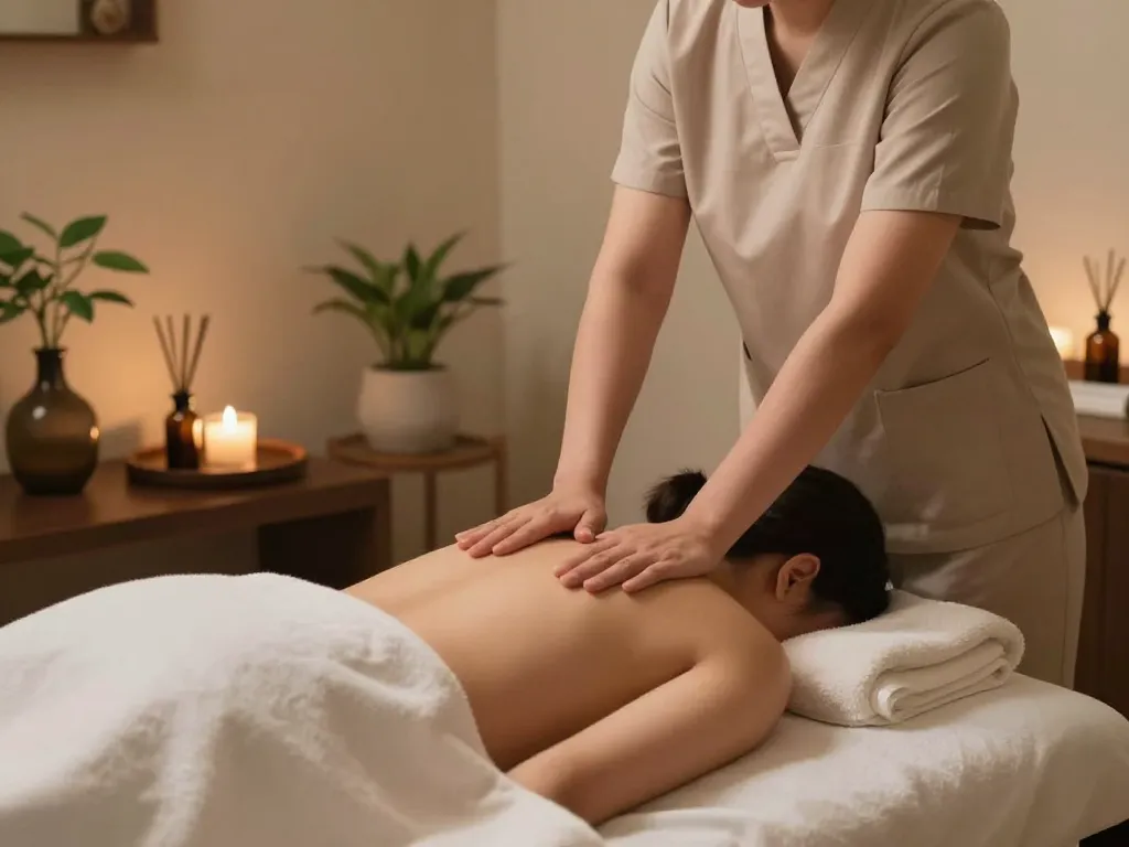 Massage therapist providing a soothing 마사지 treatment in a tranquil spa environment.