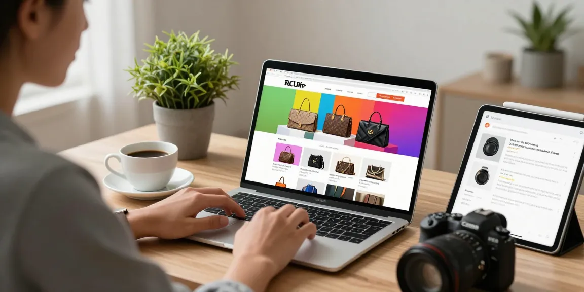 Browsing high-quality 레플리카 사이트 in a cozy home office setting with vibrant product images.