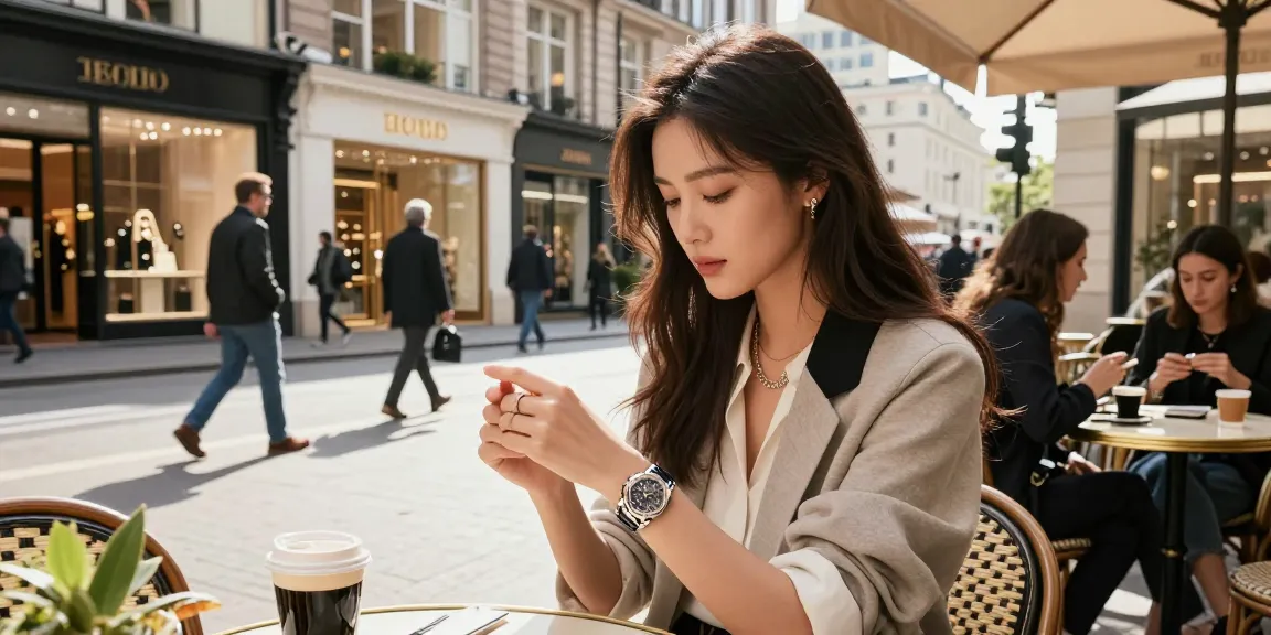 Elegant young woman admiring a 시계 레플리카 in a vibrant urban setting, showcasing high-quality details and stylish lifestyle.