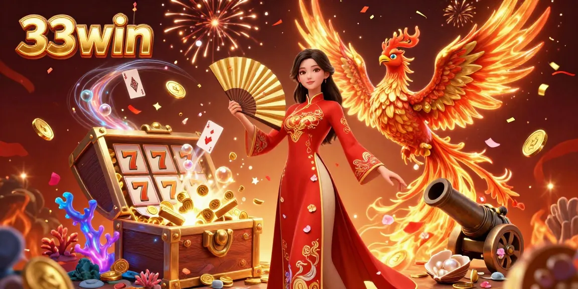 Experience the thrill at 33win with a vibrant casino-themed illustration full of golden treasures and festive energy.
