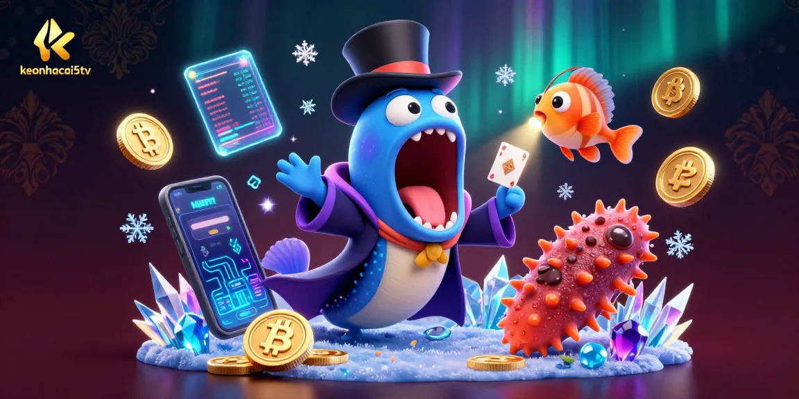 Engage with the vibrant keonhacai5tv scene featuring a bioluminescent eel and anglerfish showcasing thrilling card tricks.