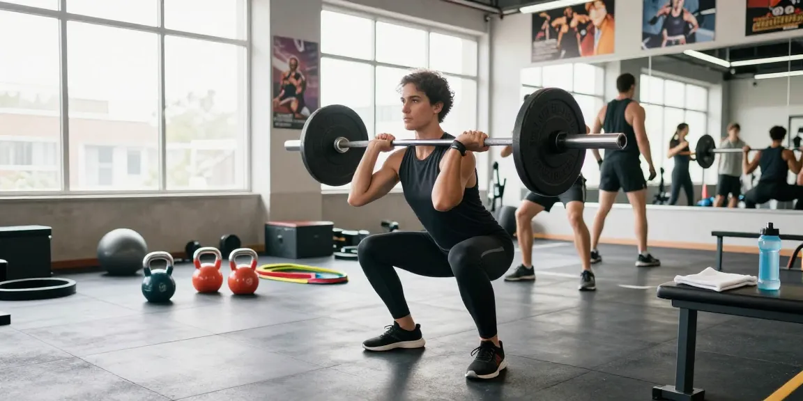 Athletic individual showcasing strength in the Astera Shop gym while performing squats with weights, surrounded by fitness equipment in an energetic environment.