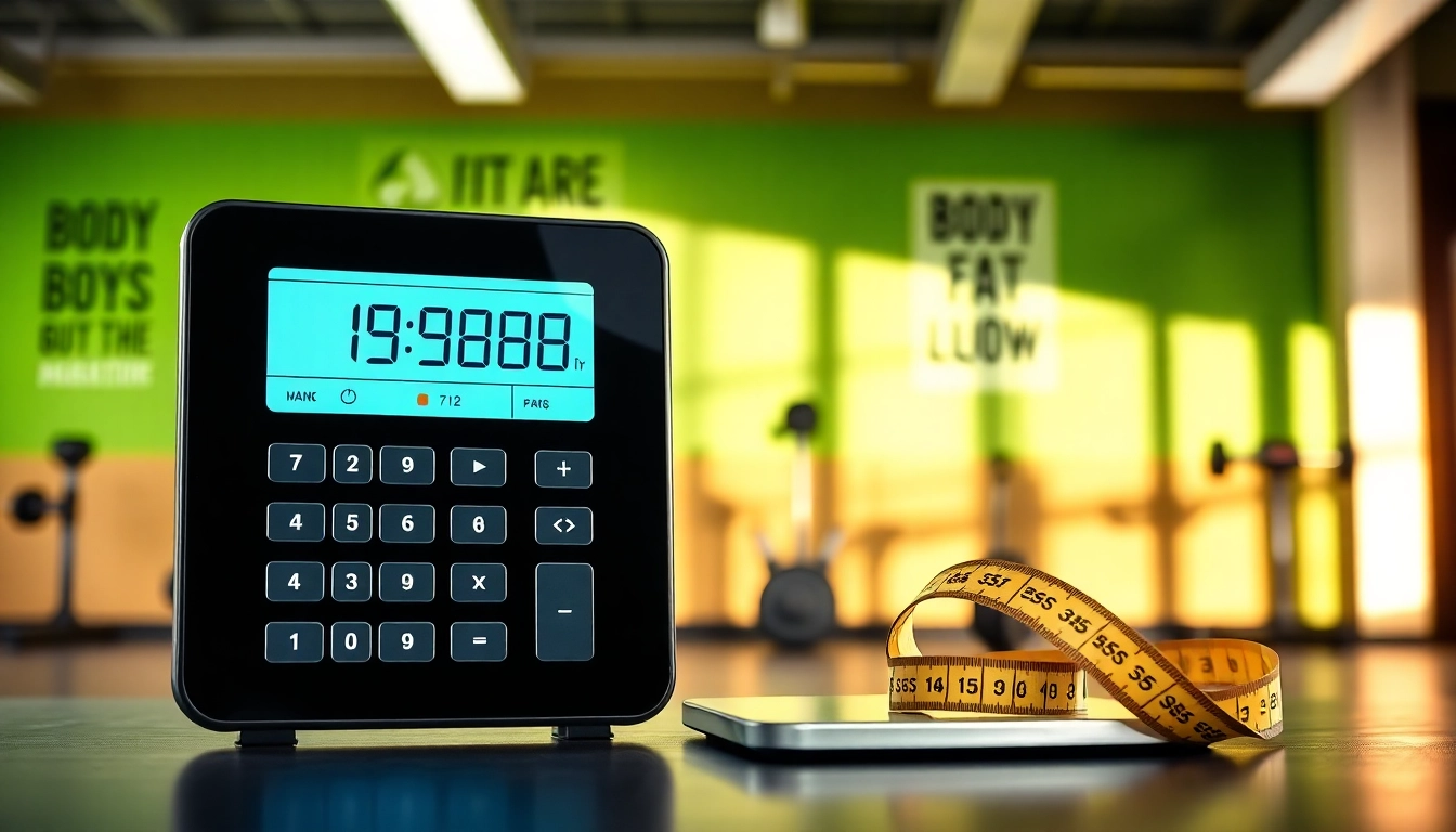 User interacting with a body fat percentage calculator, surrounded by a fitness studio ambiance enhancing health awareness.