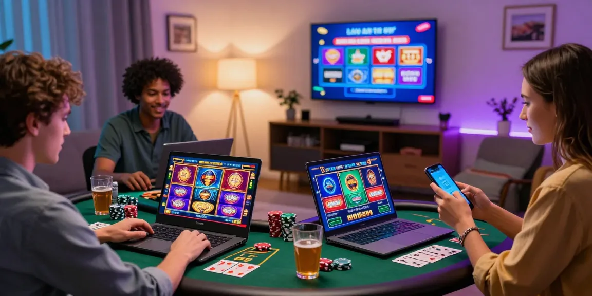 Engaging players at non UK licensed casinos enjoying online games in a vibrant home office.