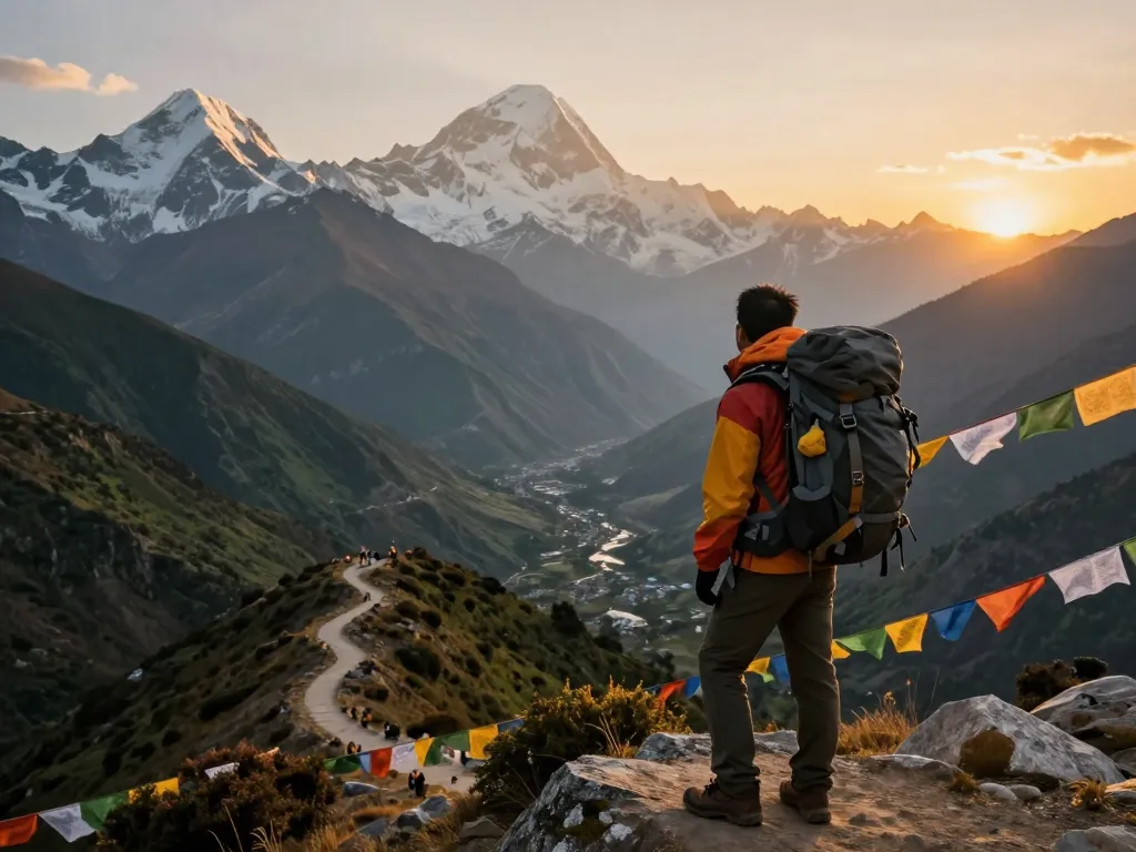 Trek to Annapurna Circuit at Thorong La Pass, traveler enjoying sunset views of majestic mountains and colorful prayer flags.