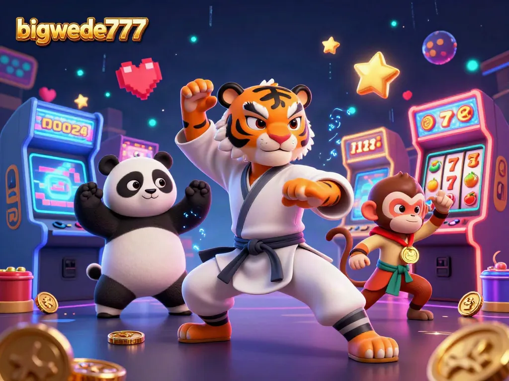 Experience bigwede777's thrilling slots world with a kung fu tiger, panda, and playful monkey.