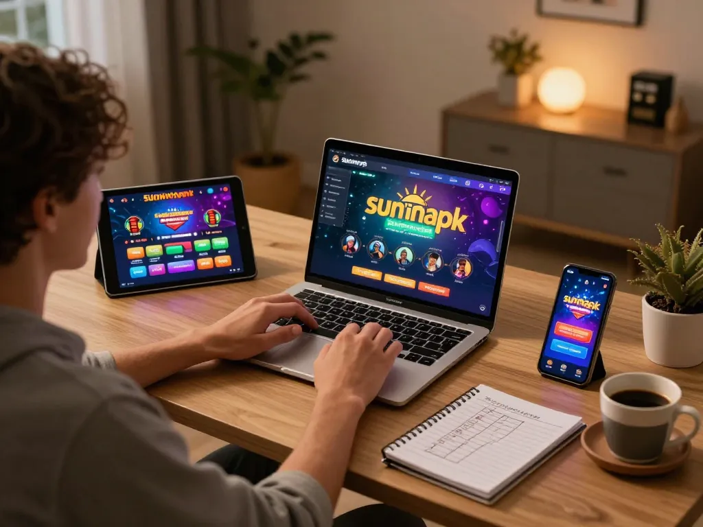 Engaged player using sunwinapk on laptop during an evening gaming session with strategy notes.
