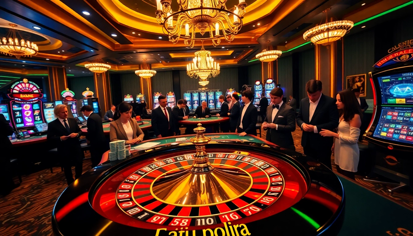 Découvrez un casino en ligne France fiable dans un cadre de casino vibrant rempli de roulette, de blackjack et de joueurs animés.